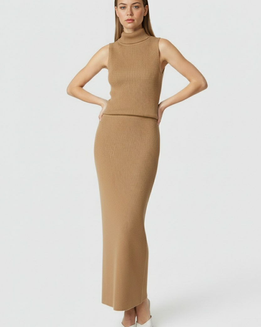 Lumina Wear Isabella brown knit skirt set featuring a stylish, sophisticated two-piece design with a fitted top and matching skirt.