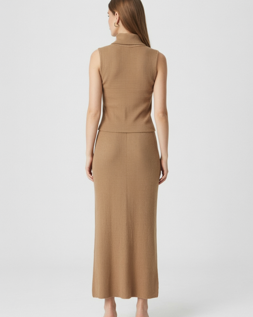 Lumina Wear Isabella brown knit skirt set featuring a stylish, sophisticated two-piece outfit with a fitted top and matching skirt.