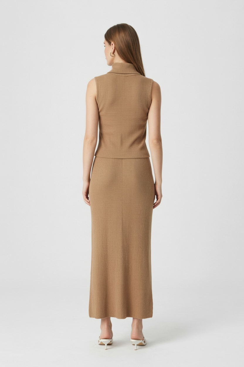 Elegant brown knit skirt set by Lumina Wear, featuring a stylish two-piece dress with sophisticated design.