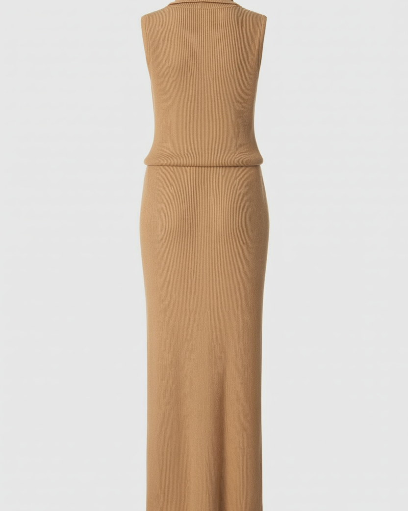 Elegant brown knit skirt set by Lumina Wear, featuring a sophisticated two-piece design with stylish, comfortable fit.