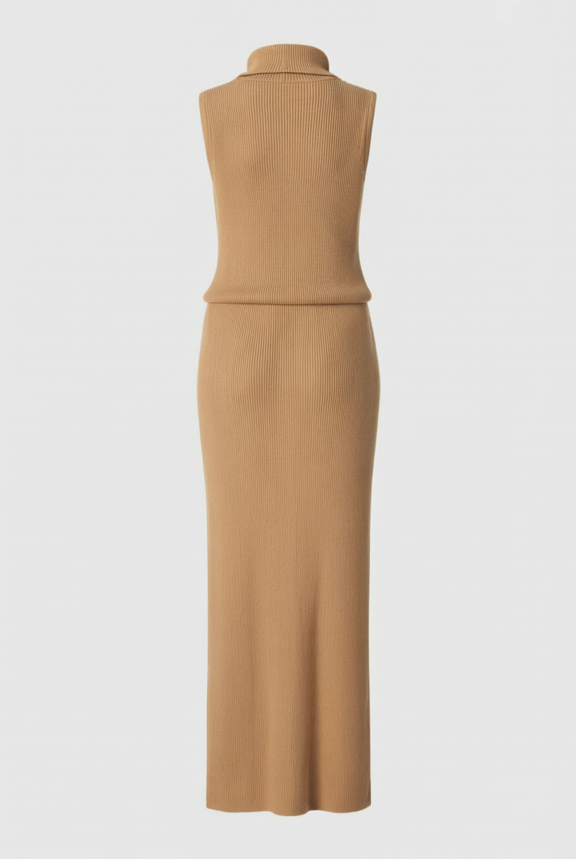 Elegant brown knit skirt set by Lumina Wear, featuring a sophisticated two-piece dress with stylish detailing.