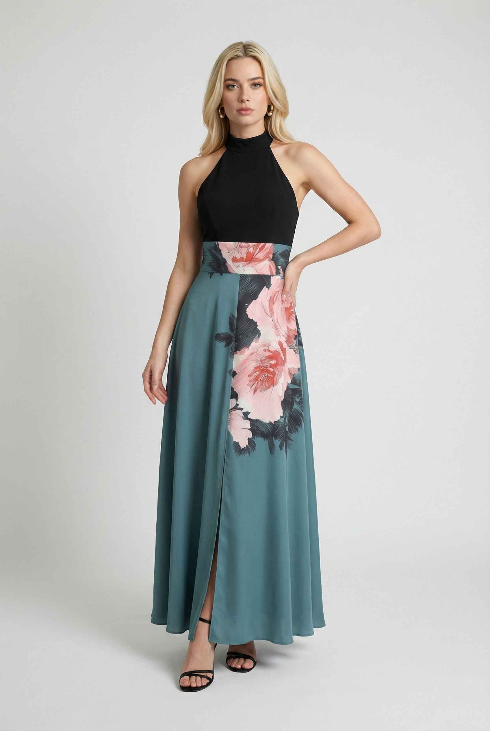 Black Isabella floral maxi dress by Lumina Wear featuring a comfortable fit and elegant floral pattern.