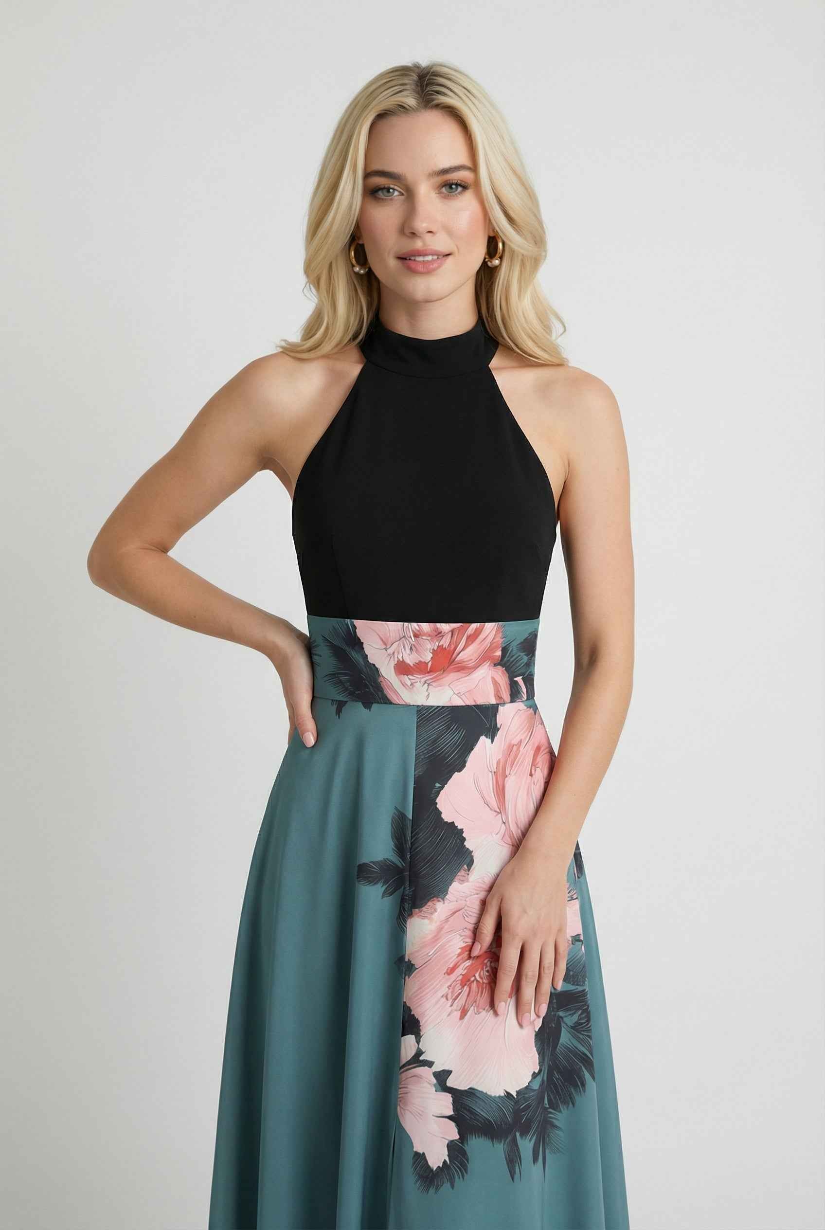 Elegant black floral maxi dress by Lumina Wear featuring a comfortable fit and flowing silhouette.
