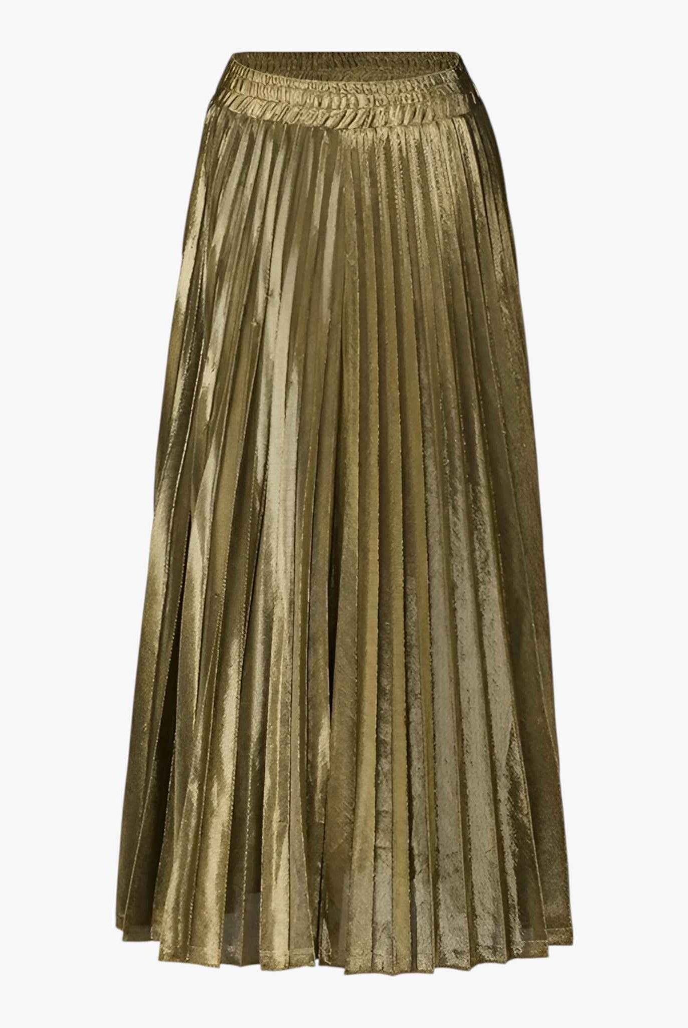 Elegant gold pleated maxi skirt with high waist from Lumina Wear, featuring flowing fabric and sophisticated design.