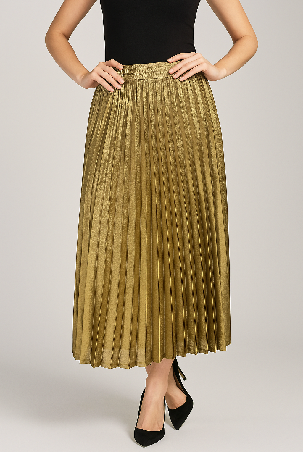 Elegant gold pleated maxi skirt with high waist from Lumina Wear, showcasing flowing fabric and sophisticated style.
