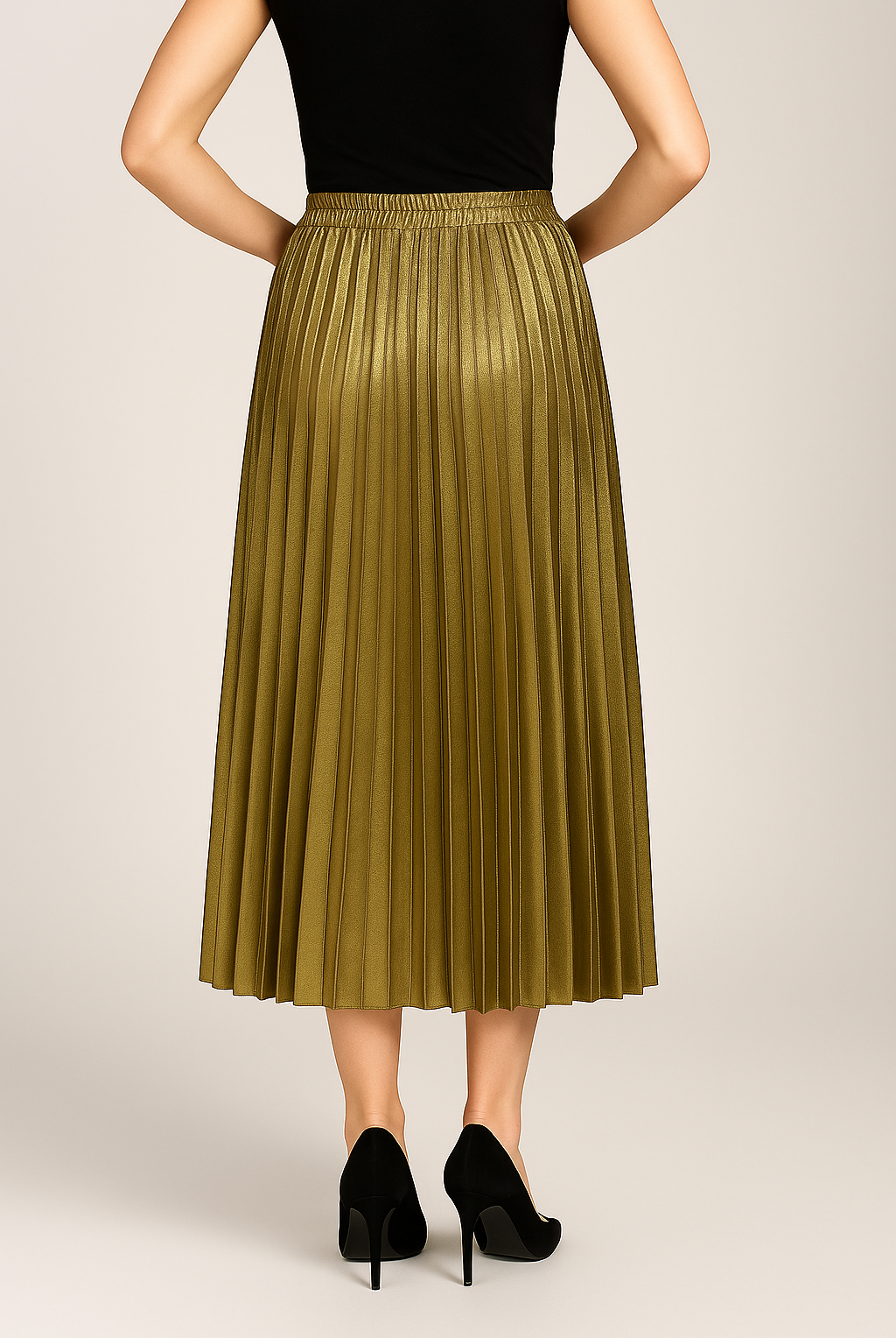 Lumina Wear Isabella gold pleated maxi skirt with high waist, flowing elegant design and stylish pleats for sophisticated look.