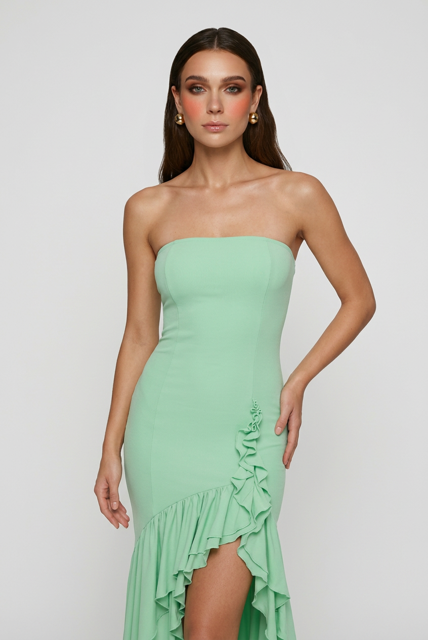 Elegant green flowing dress with asymmetrical ruffle by Lumina Wear, featuring a graceful, lightweight fabric and stylish design.