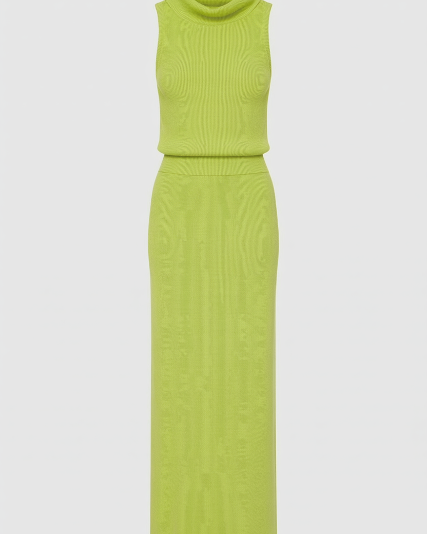 Lumina Wear Isabella green knit skirt and top set, featuring a flattering fit and stylish two-piece design.