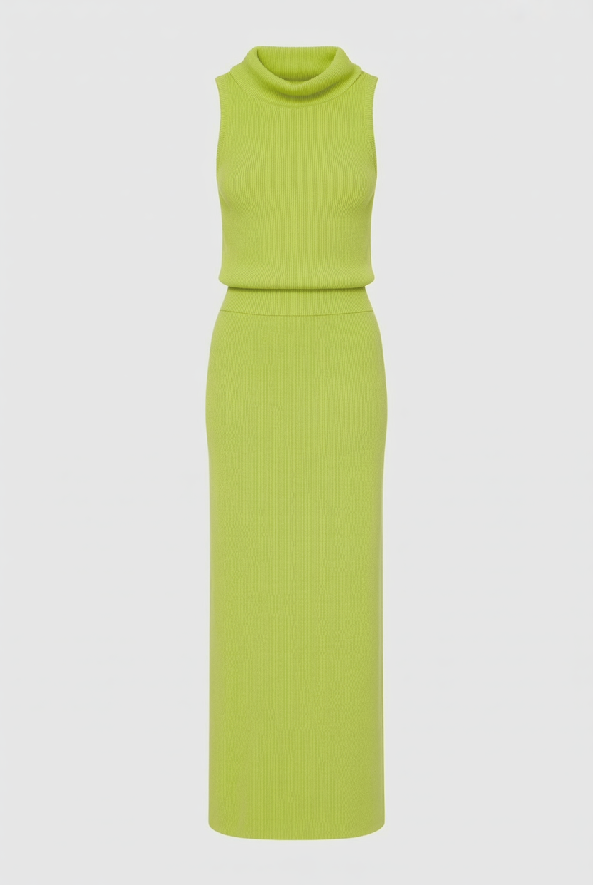 Elegant green knit skirt and top set by Lumina Wear, featuring a flattering fit and stylish two-piece dress design.