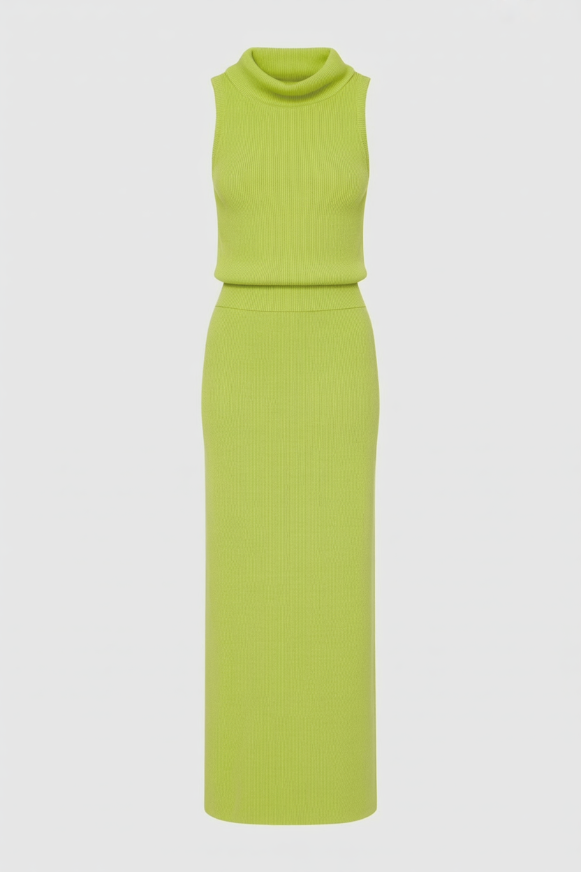 Elegant green knit skirt and top set by Lumina Wear, featuring a flattering fit and stylish two-piece dress design.
