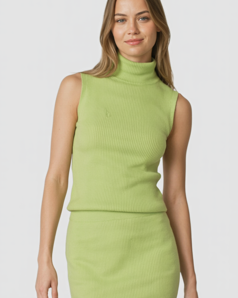 Elegant green knit skirt and top set by Lumina Wear, featuring a flattering fit and stylish two-piece design.