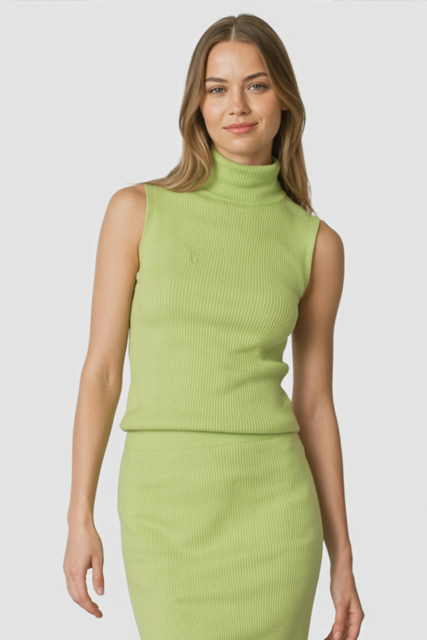 Elegant green knit skirt and top set by Lumina Wear, featuring a flattering fit in a stylish two-piece dress.