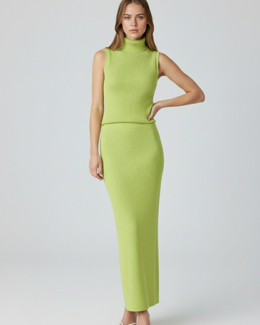 Lumina Wear Isabella green knit skirt and top set, featuring a flattering fit and elegant design, perfect for stylish casual wear.