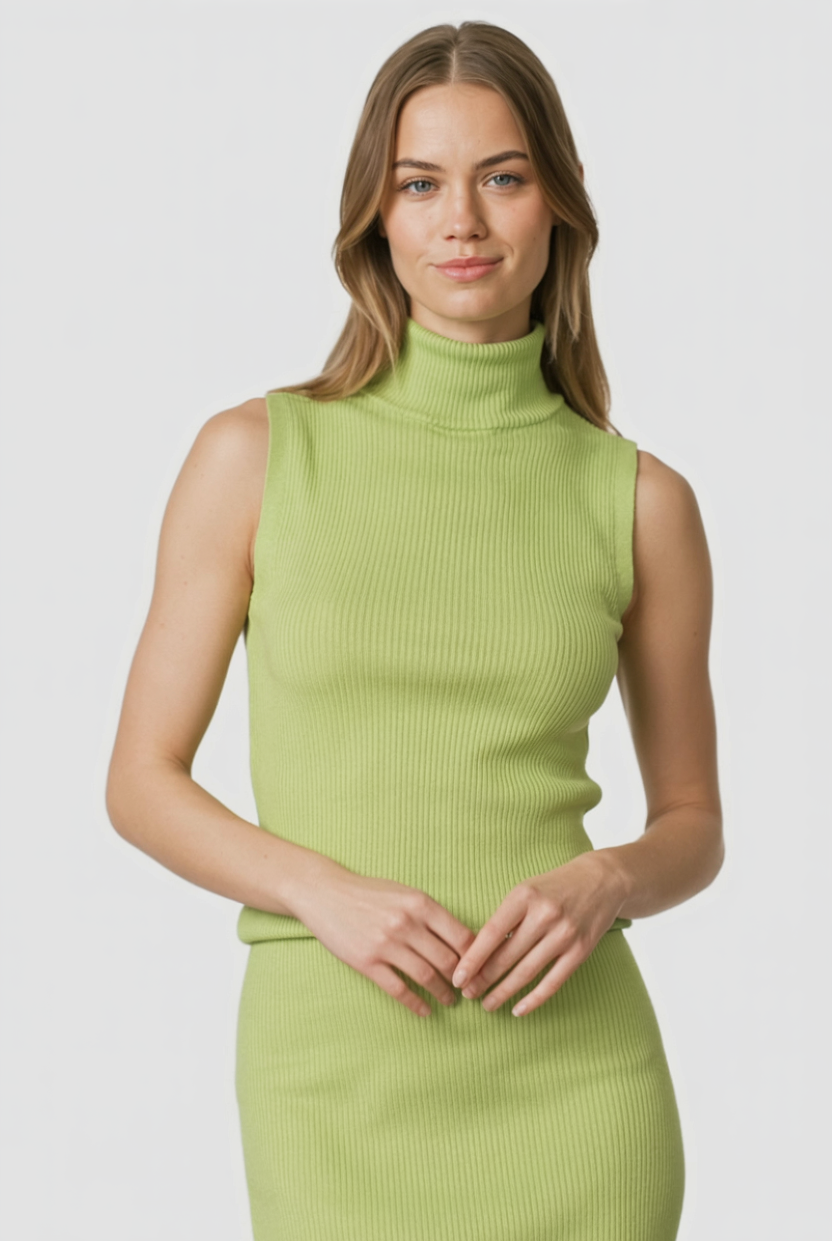 Elegant green knit skirt and top set by Lumina Wear, featuring a flattering fit and stylish two-piece dress design.