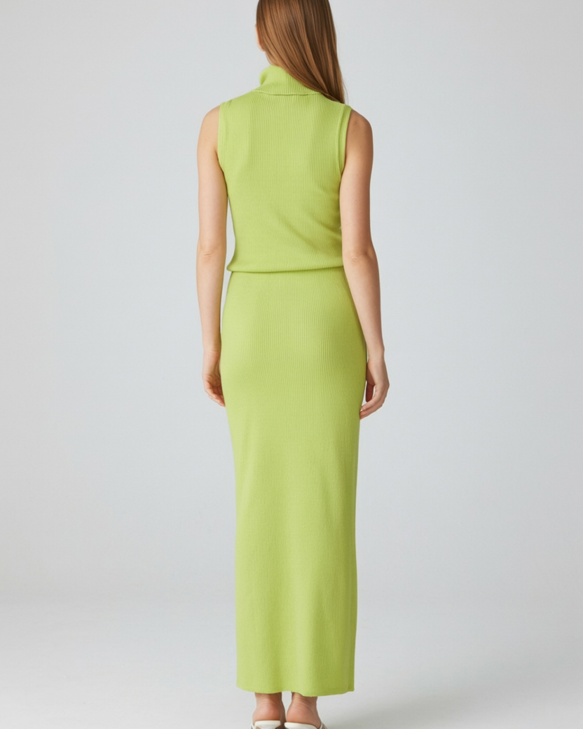 Elegant green knit skirt and top set by Lumina Wear, featuring a flattering fit and stylish two-piece design.