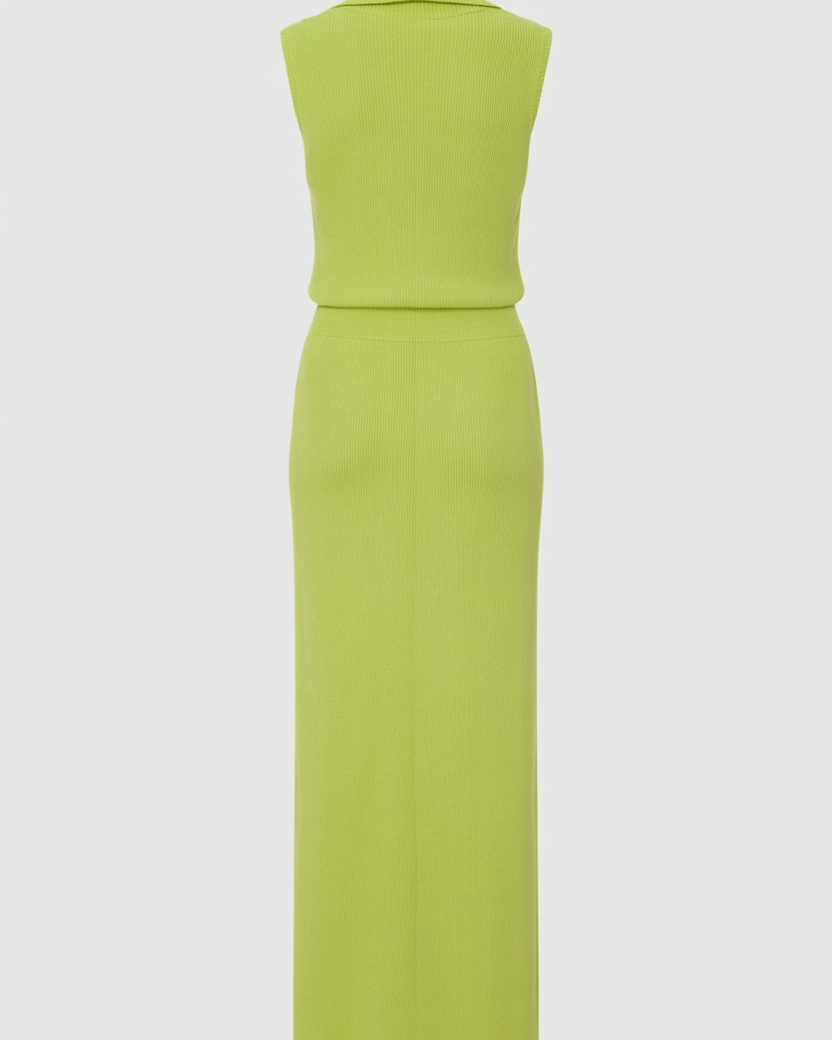 Elegant green knit skirt and top set by Lumina Wear, featuring a flattering fit and stylish two-piece design.