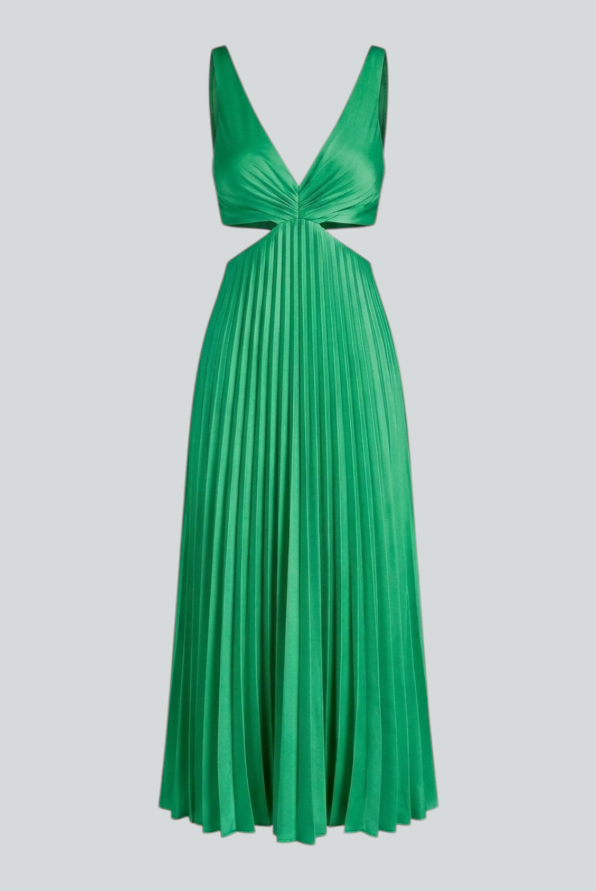 Elegant green pleated maxi dress by Lumina Wear featuring flowing design and sophisticated style.