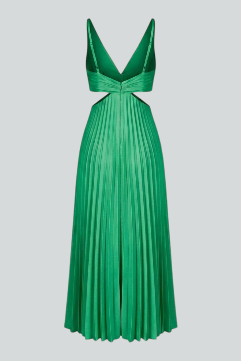 Elegant green pleated maxi dress by Lumina Wear featuring flowing design and sophisticated style.