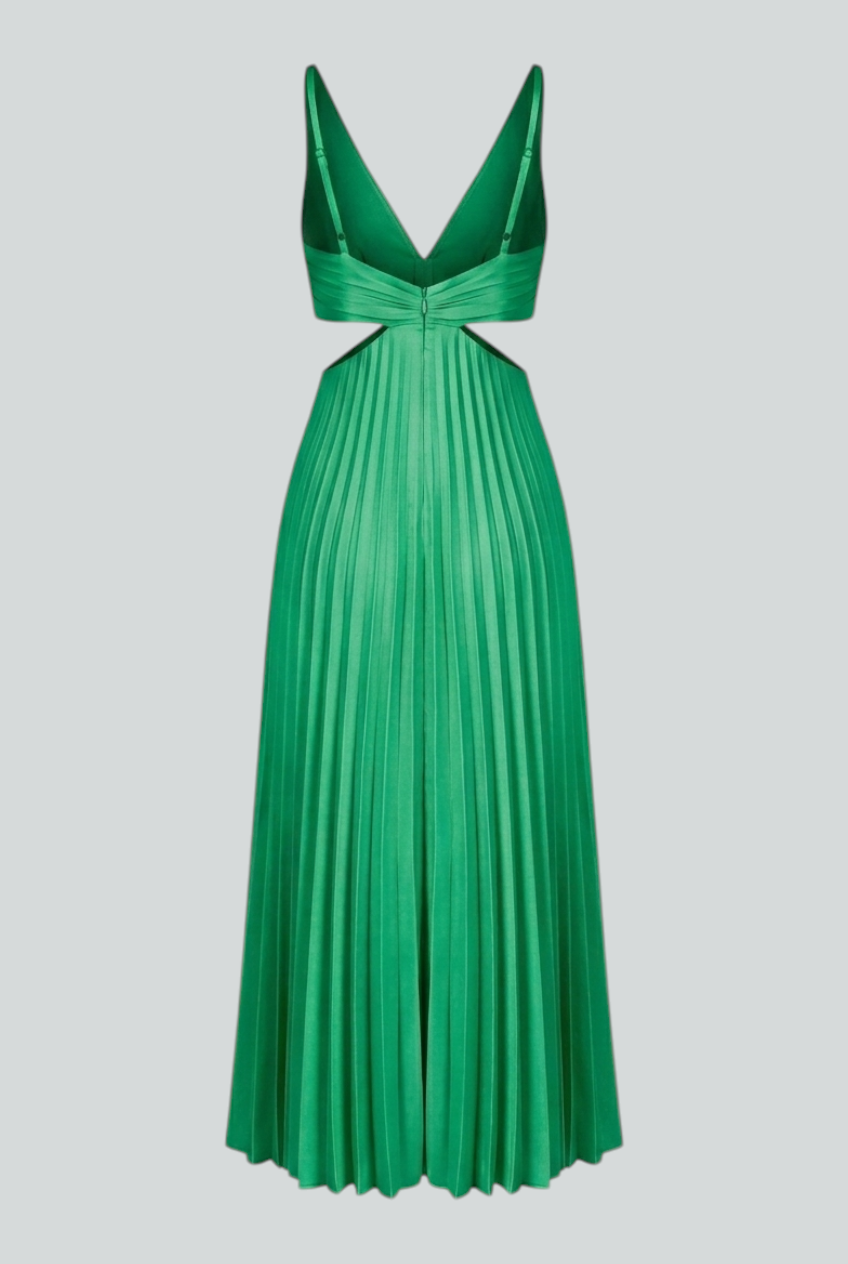 Elegant green pleated maxi dress by Lumina Wear featuring flowing design and sophisticated style.