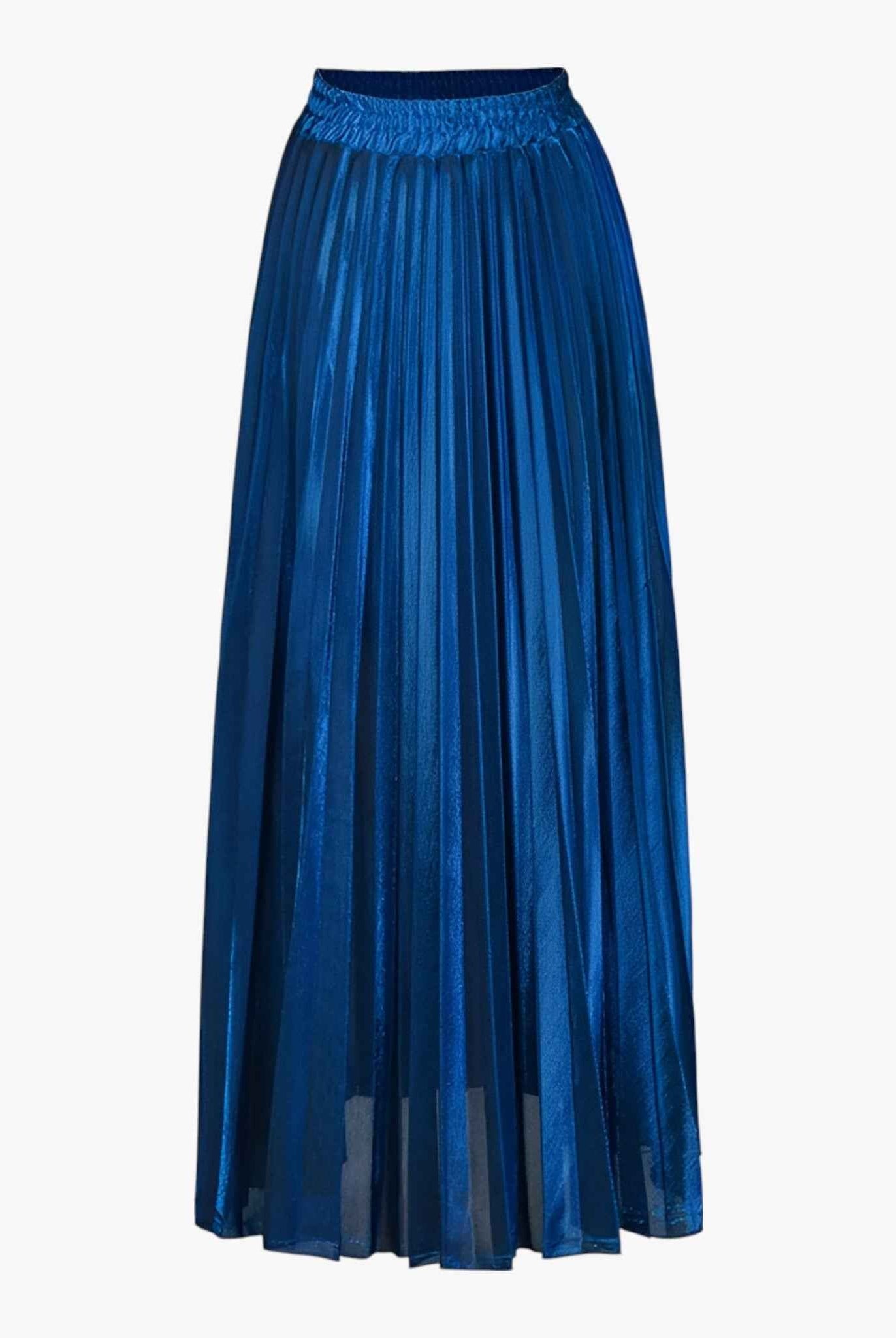 Gold high-waist pleated maxi skirt from Lumina Wear's Isabella collection, flowing fabric and elegant design.