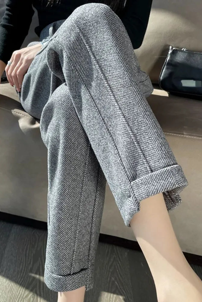 Gray Isabella high-waisted pencil trousers by Lumina Wear, tailored fit with sleek, elegant design for professional or stylish outfits.