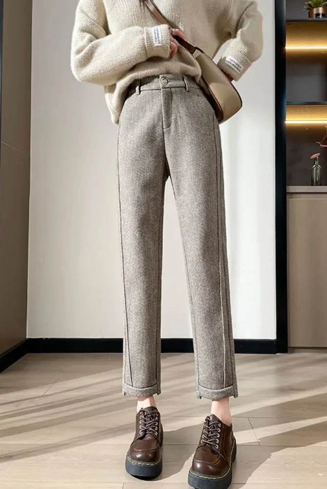 Gray high-waisted pencil trousers from Lumina Wear's Isabella collection, tailored for a sleek, elegant fit.
