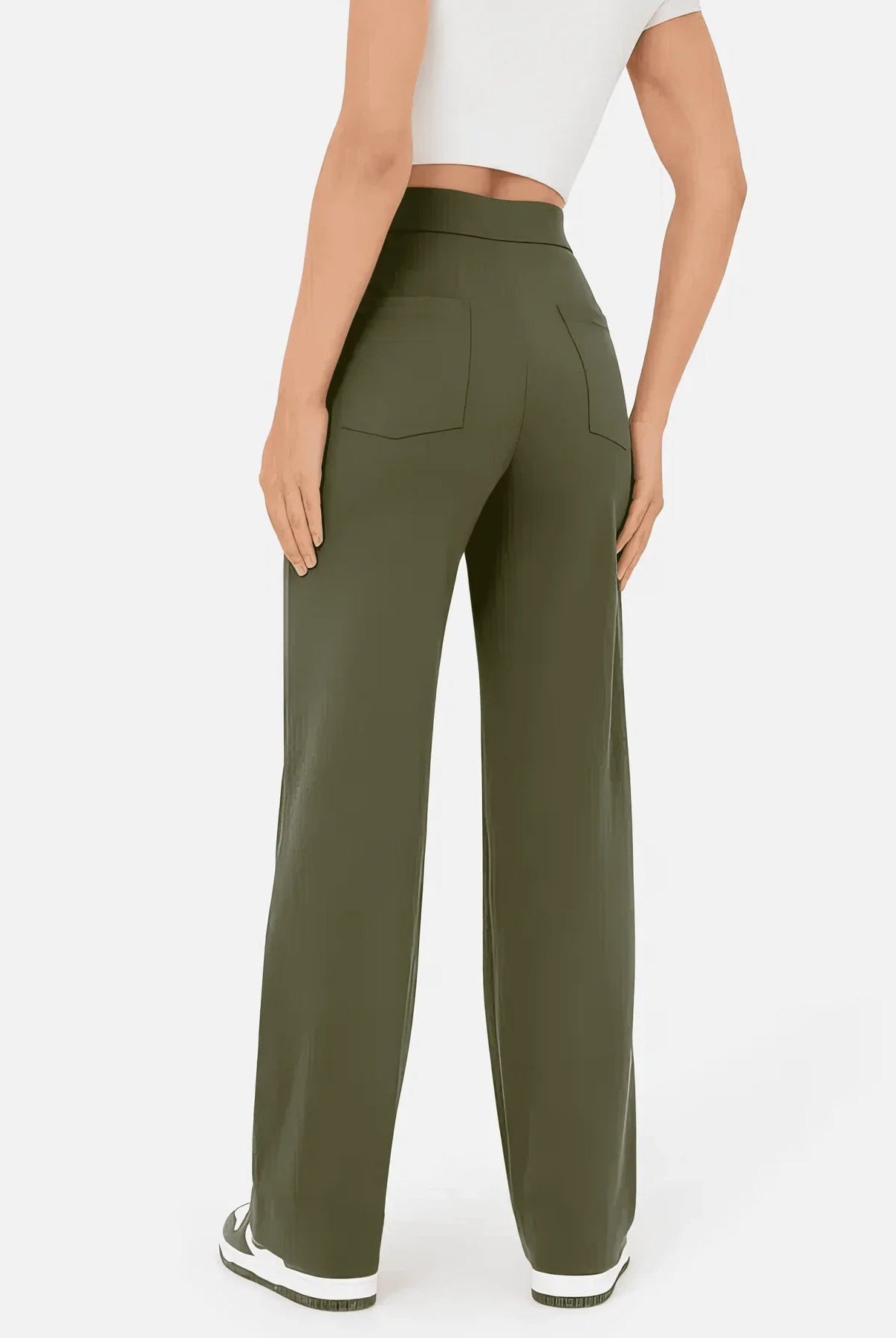 Green Lumina Wear Isabella high-waisted trousers for women, featuring a flattering fit and elegant style.