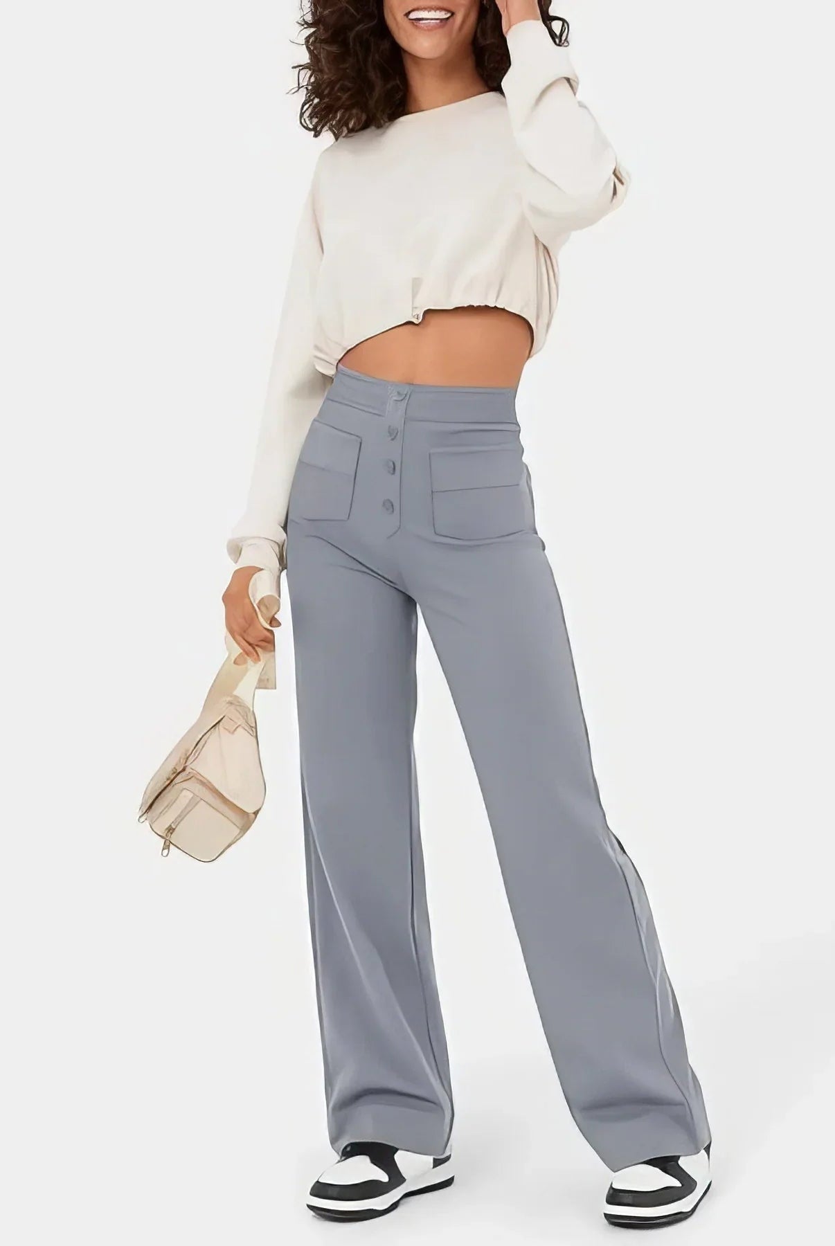 Lumina Wear Isabella high-waisted women's trousers in green, featuring a flattering fit and elegant design.