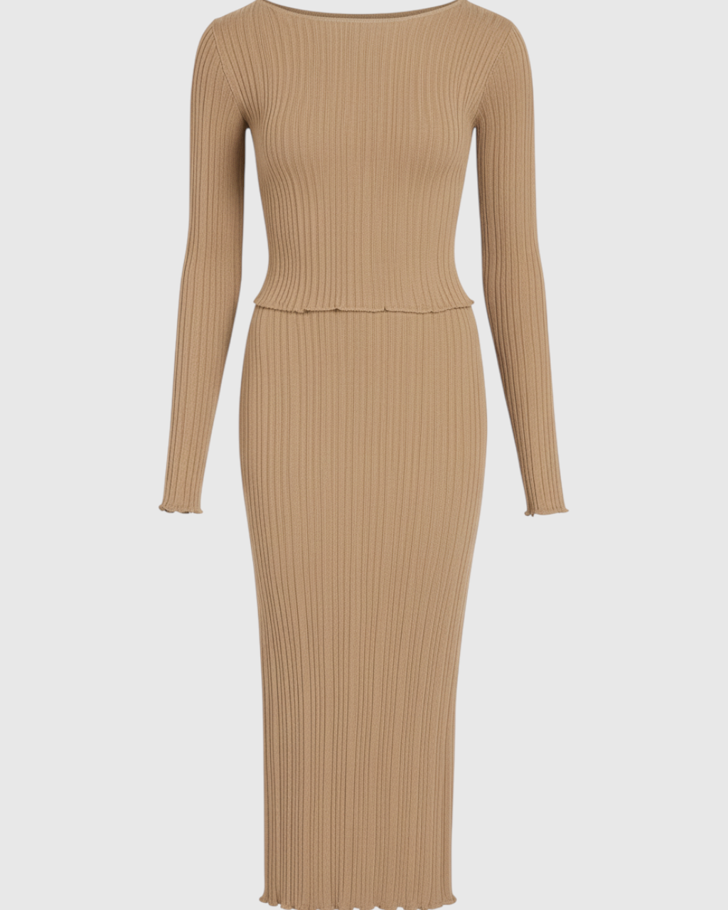 Elegant khaki maxi skirt set with slim fit, designed by Lumina Wear, featuring flowing fabric and stylish silhouette.