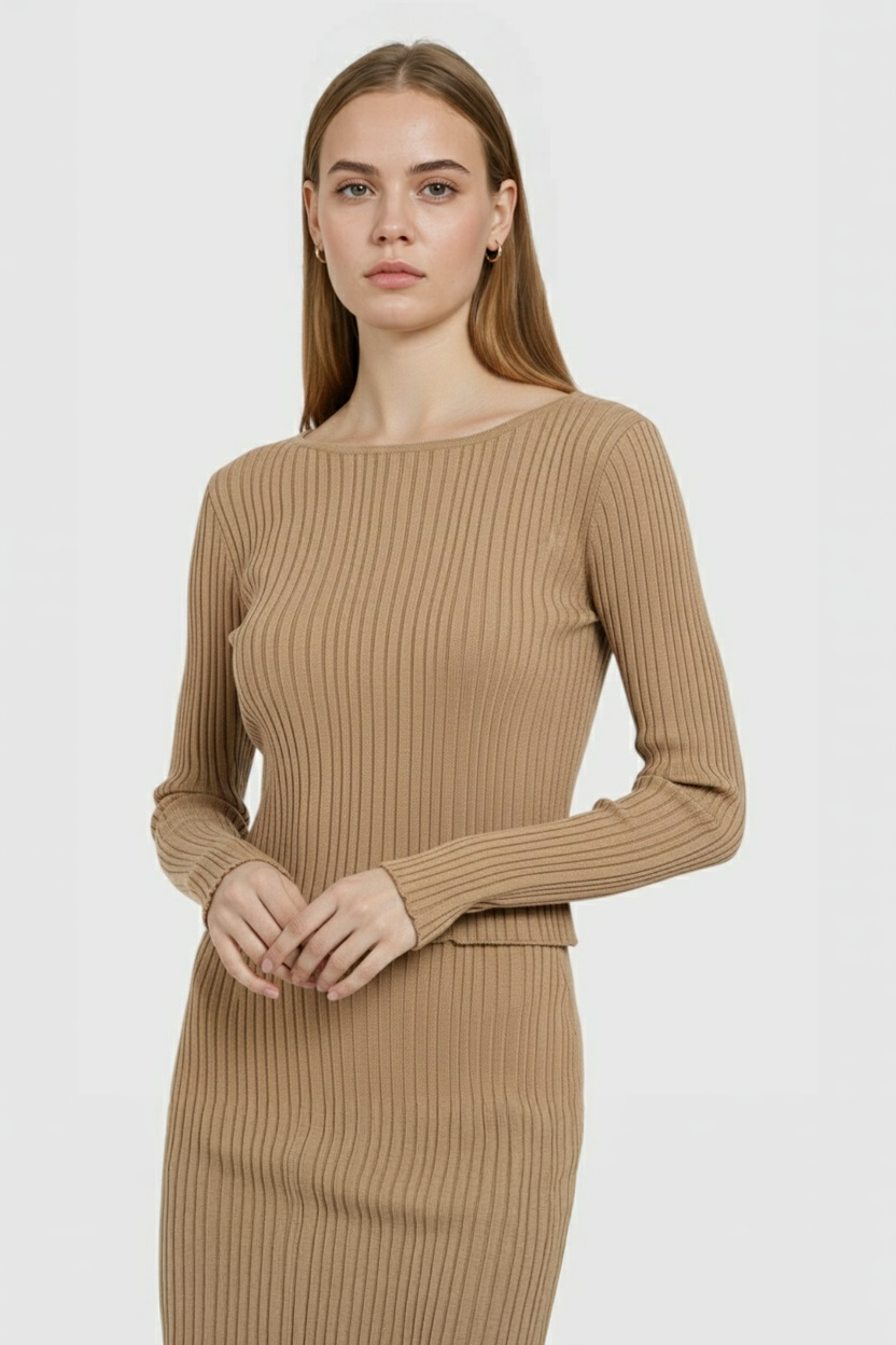 Elegant khaki maxi skirt set with slim fit from Lumina Wear, featuring a flowing skirt and matching top for a sophisticated look.
