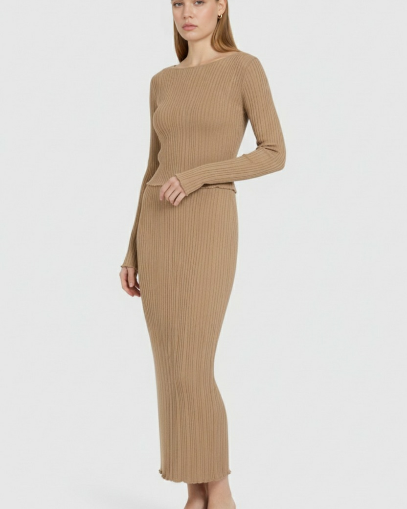 Elegant khaki maxi skirt set by Lumina Wear, featuring a slim fit and flowing design. Suitable for sophisticated casual or formal wear.
