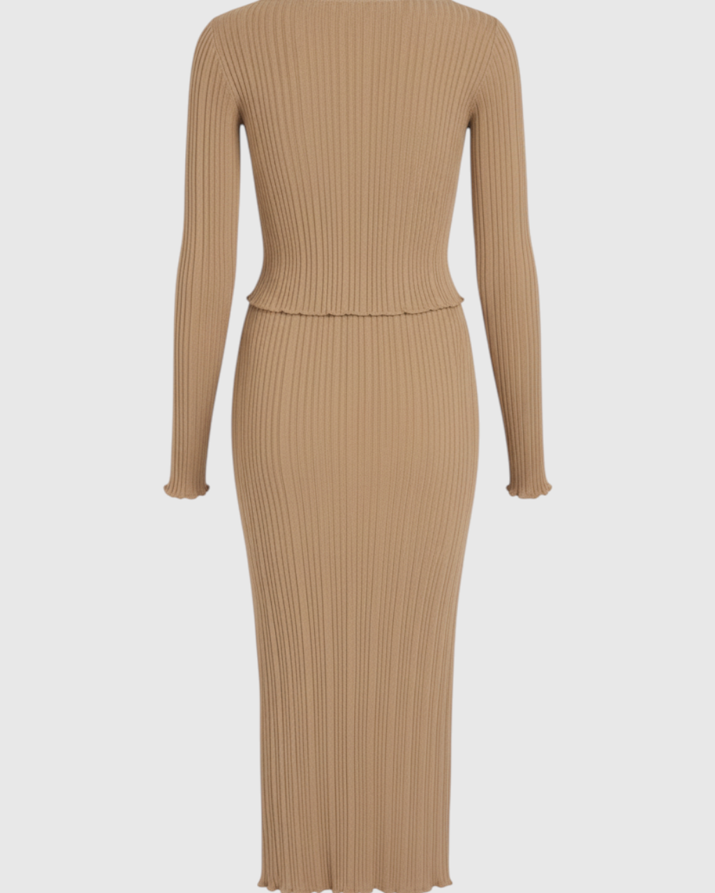 Elegant khaki maxi skirt set by Lumina Wear featuring a slim fit, shown on a model, perfect for stylish, sophisticated looks.