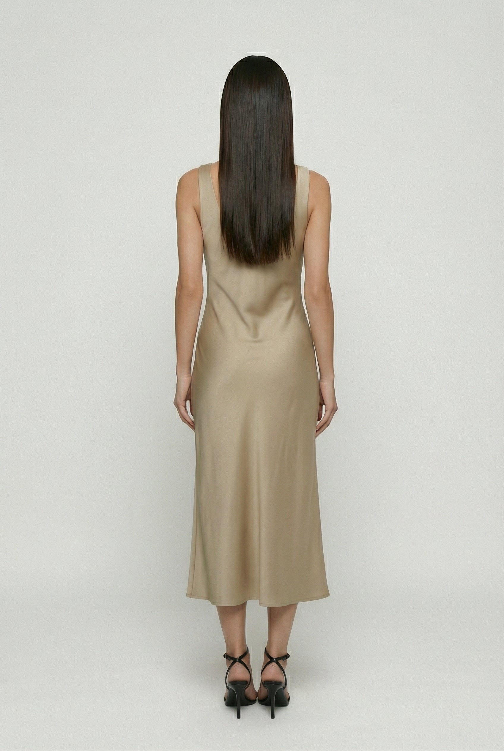 Elegant khaki summer dress by Lumina Wear, featuring a sophisticated fit for women, perfect for warm-weather style.