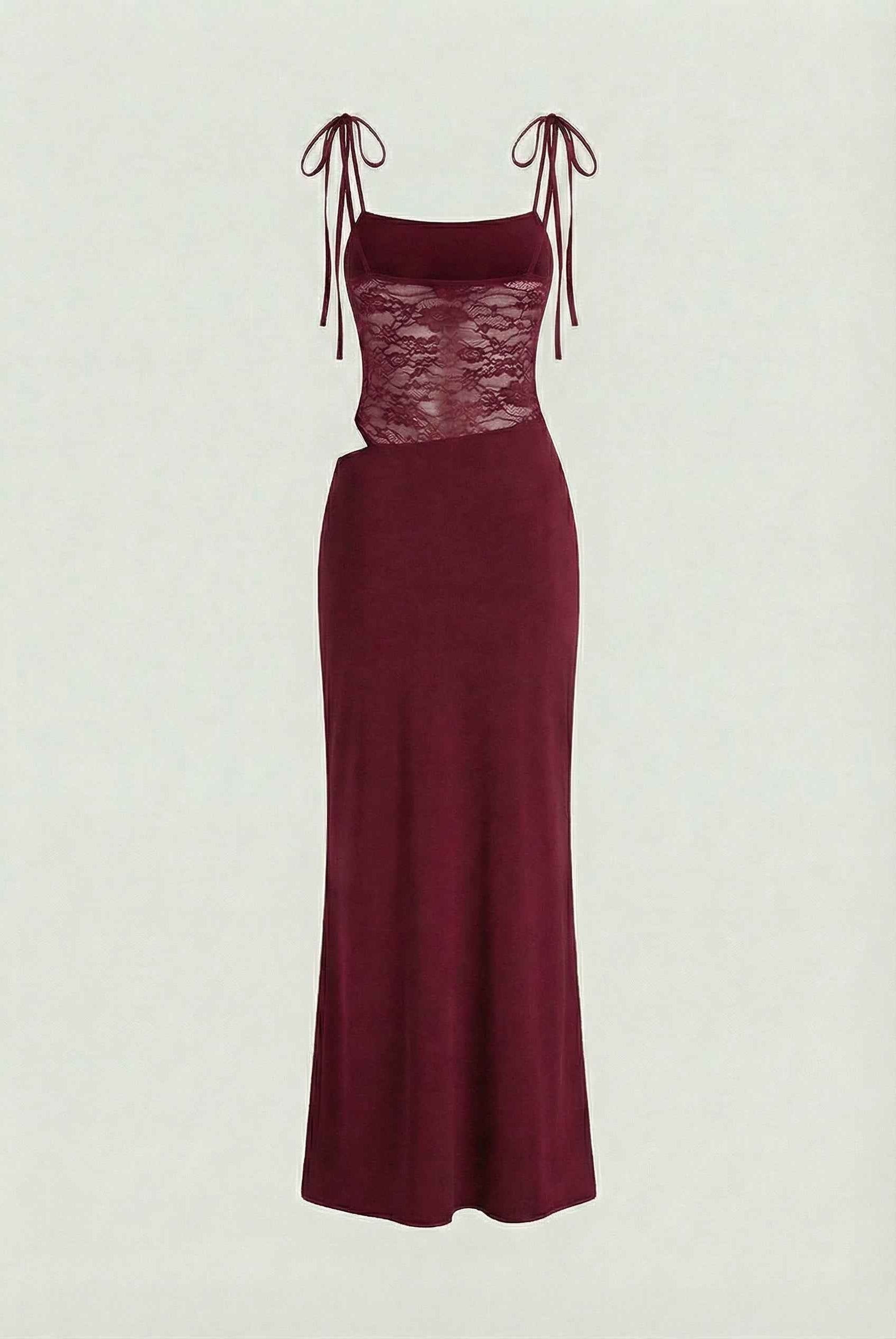 Lumina Wear Isabella elegant burgundy lace bodycon dress with spaghetti straps for women, fitted and stylish for special occasions.