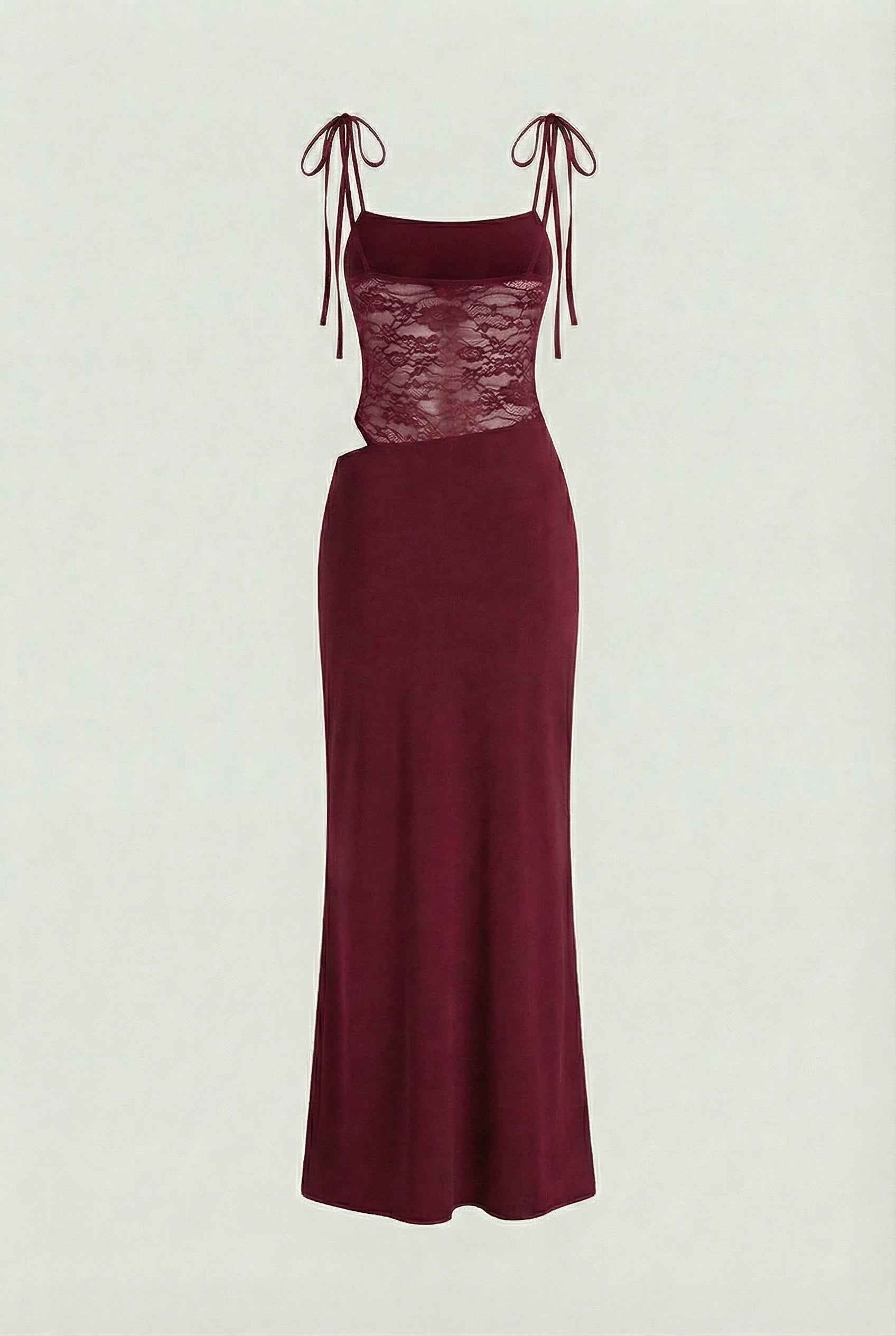 Lumina Wear Isabella elegant burgundy lace bodycon dress with spaghetti straps for women, fitted and stylish for special occasions.