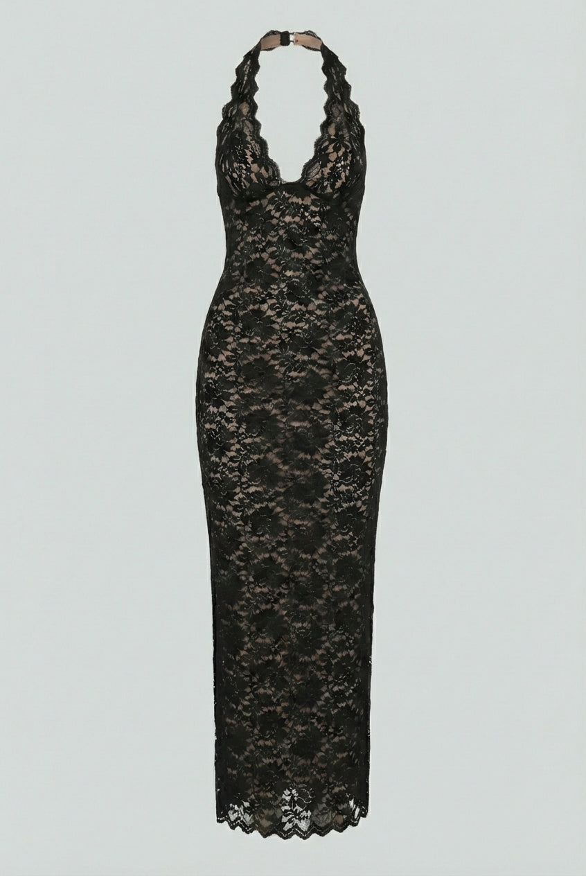 White lace maxi dress by Lumina Wear featuring a flattering fit and elegant design, perfect for formal occasions.