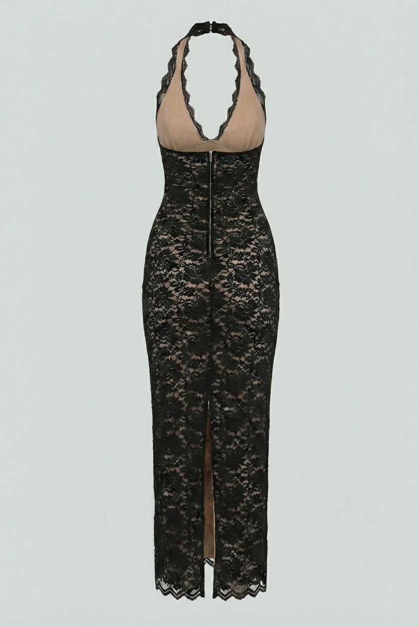 White lace maxi dress with elegant fit by Lumina Wear, featuring intricate lace details and flowing design for formal occasions.