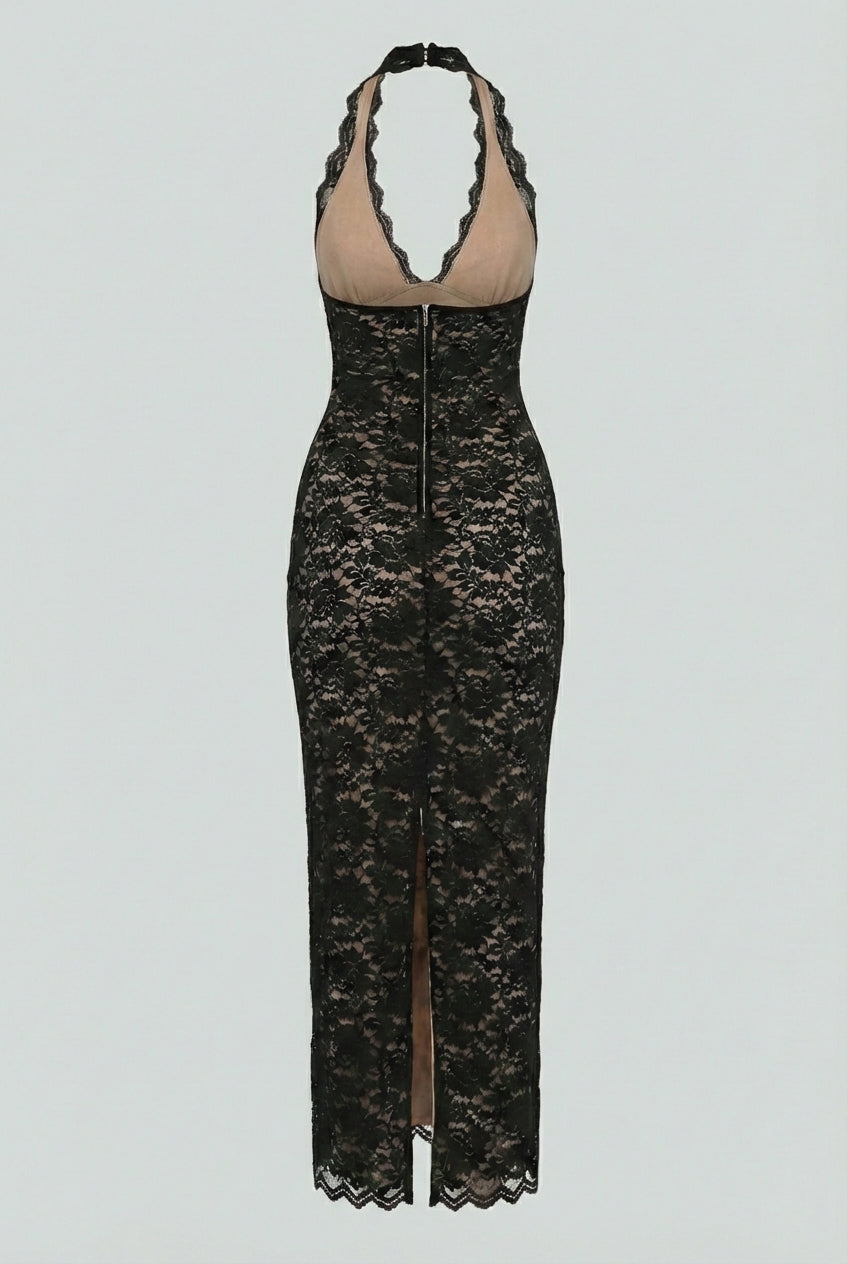 White lace maxi dress with elegant fit by Lumina Wear, featuring intricate lace details and flowing design for formal occasions.
