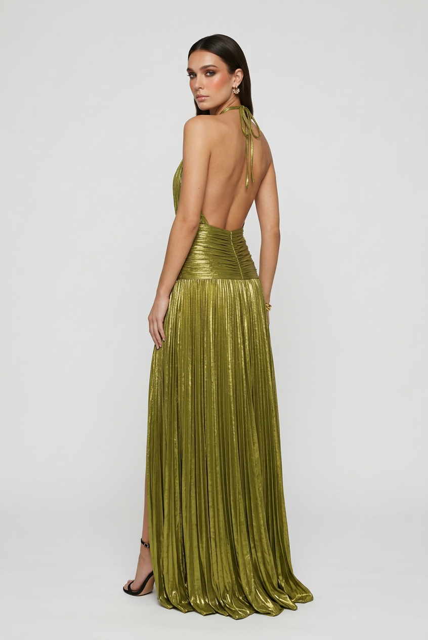 Elegant olive green maxi dress for women by Lumina Wear, showcasing a flattering silhouette and flowing design.