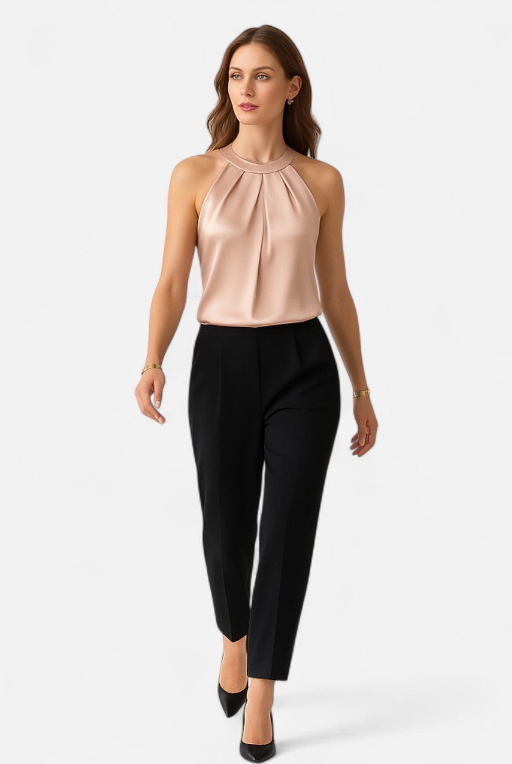 Beige Isabella satin tank top by Lumina Wear featuring elegant pleated and draped design, perfect for stylish casual wear.