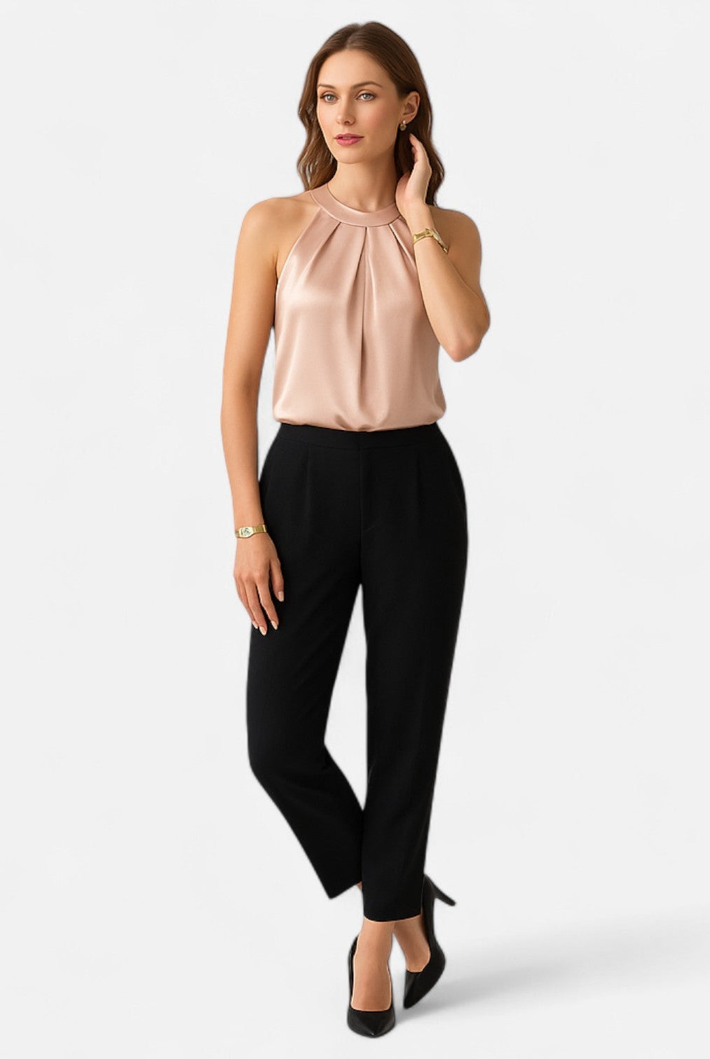 Beige Isabella satin tank top by Lumina Wear featuring elegant pleats and draped design, perfect for stylish casual wear.