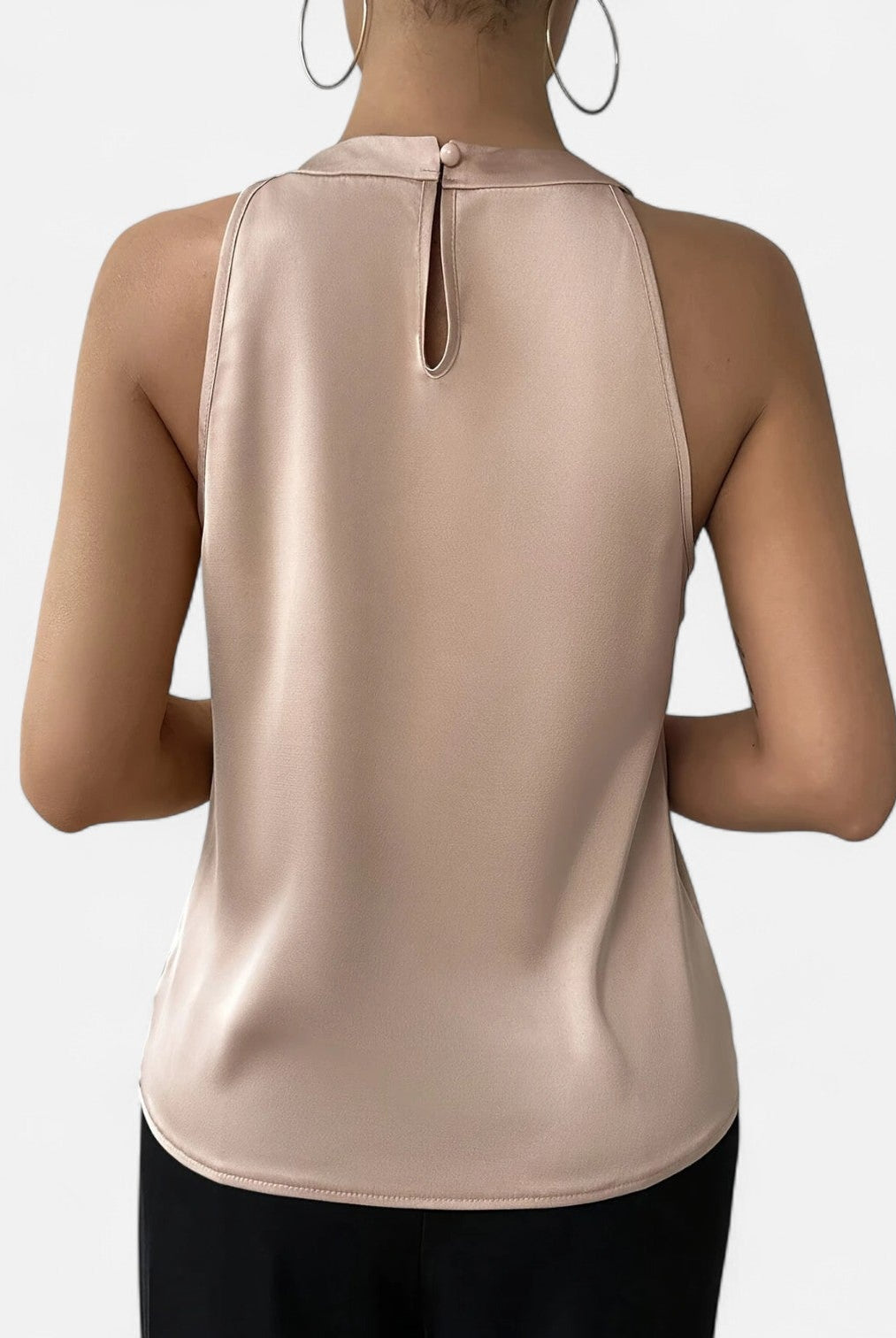 Beige Isabella Lumina Wear elegant pleated draped satin tank top with a stylish fit, perfect for chic casual wear.