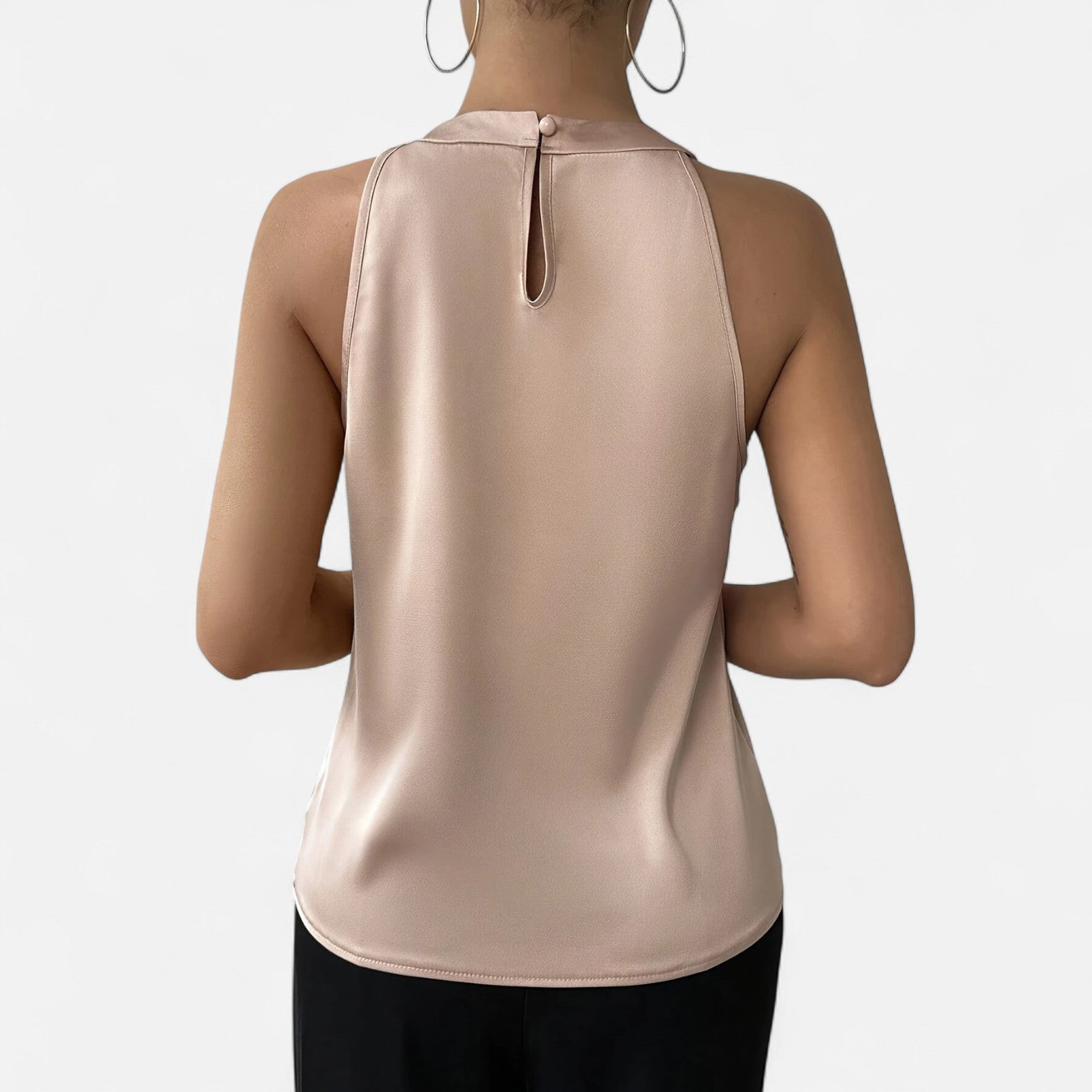 Beige Isabella Lumina Wear elegant pleated draped satin tank top with a stylish fit, perfect for chic casual wear.