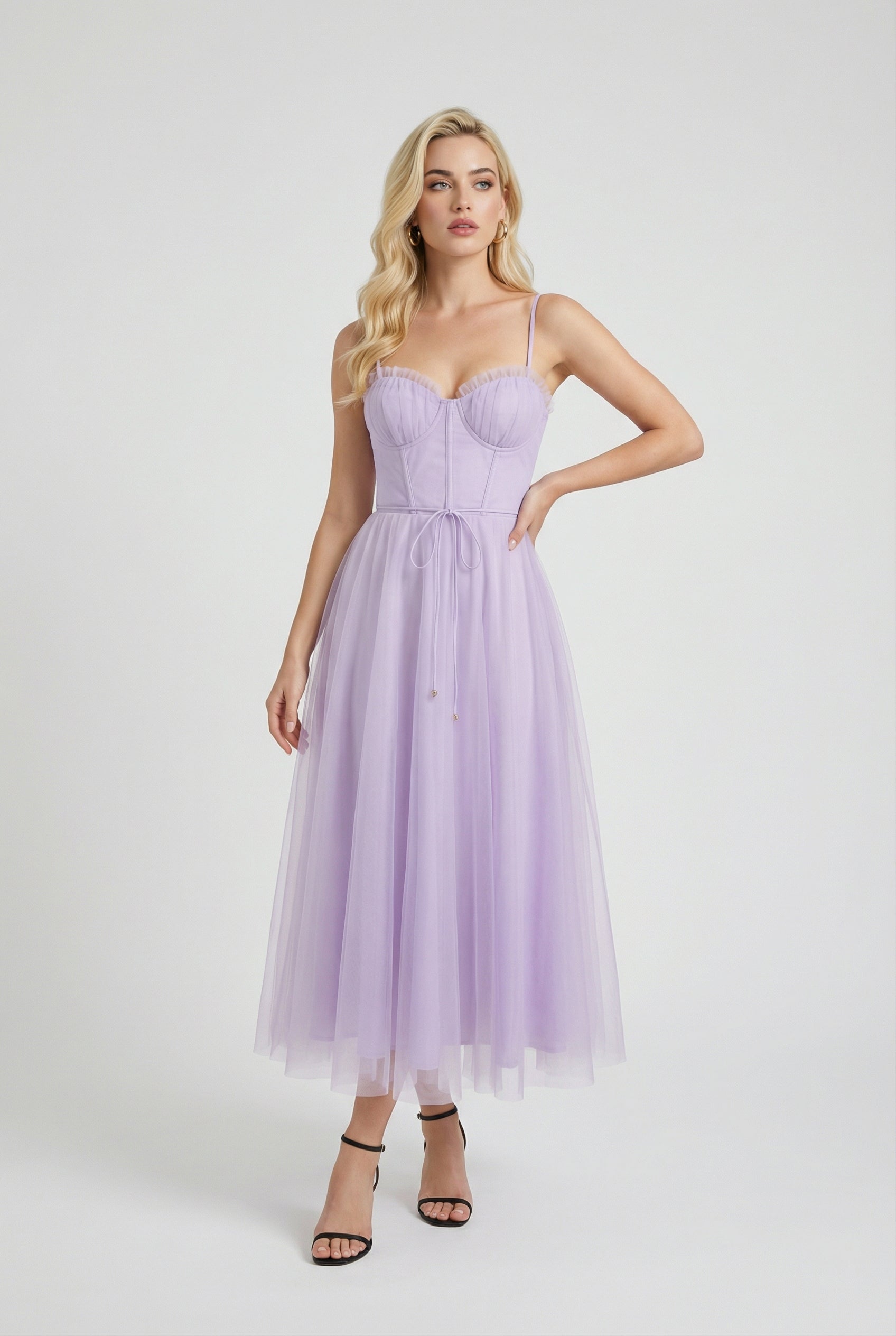 Elegant purple Lumina Wear midi dress with flattering silhouette, showcasing smooth fabric and stylish design.