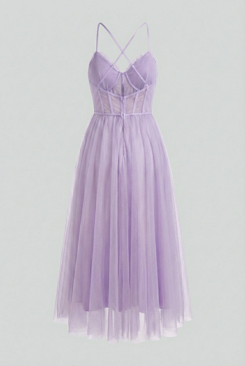 Elegant purple midi dress by Lumina Wear featuring a flattering silhouette, perfect for sophisticated occasions.