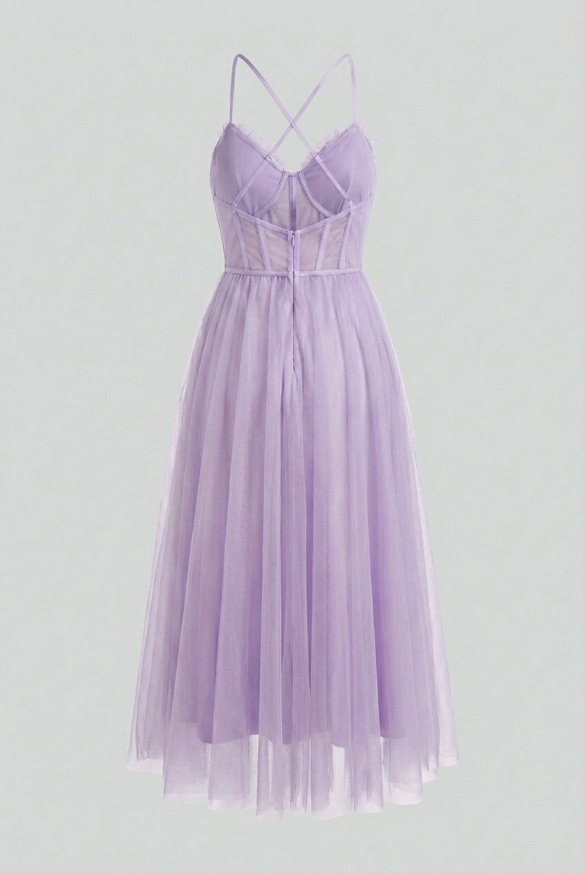 Elegant purple midi dress by Lumina Wear featuring a flattering silhouette, perfect for sophisticated occasions.
