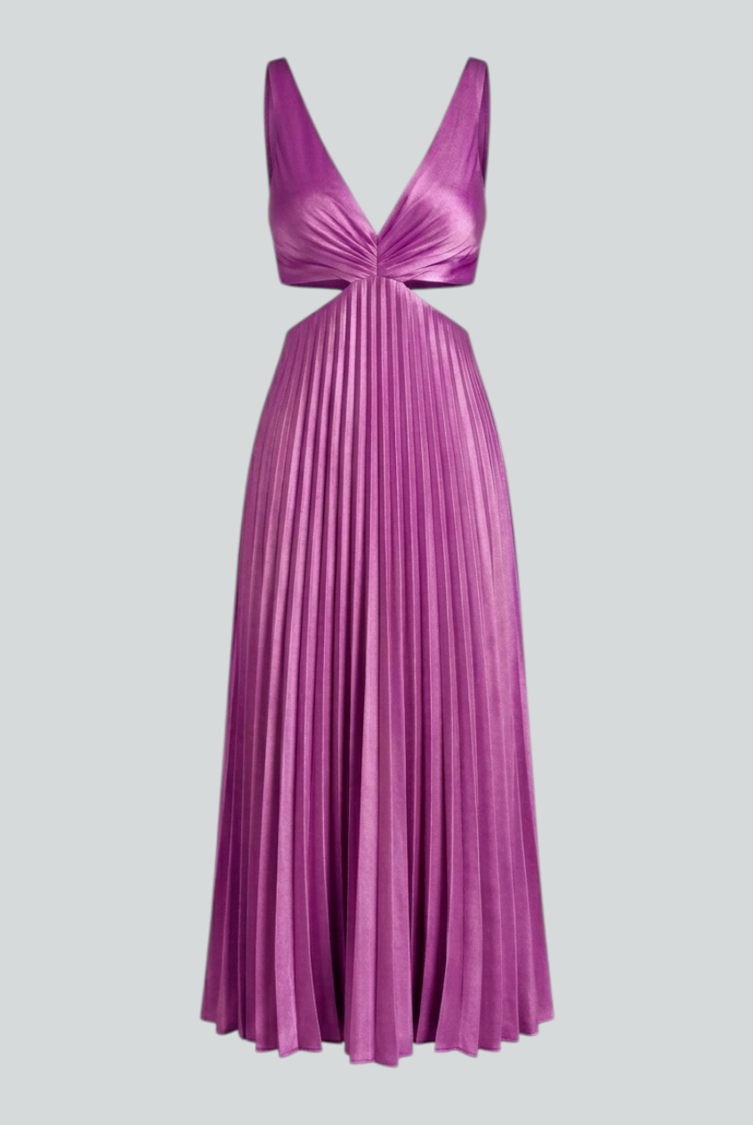Elegant purple pleated wedding guest dress by Lumina Wear featuring a fluid drape and sophisticated design.