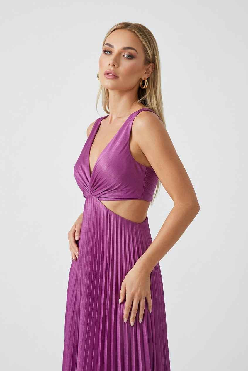 Elegant purple pleated wedding guest dress by Lumina Wear featuring a fluid drape and sophisticated style.