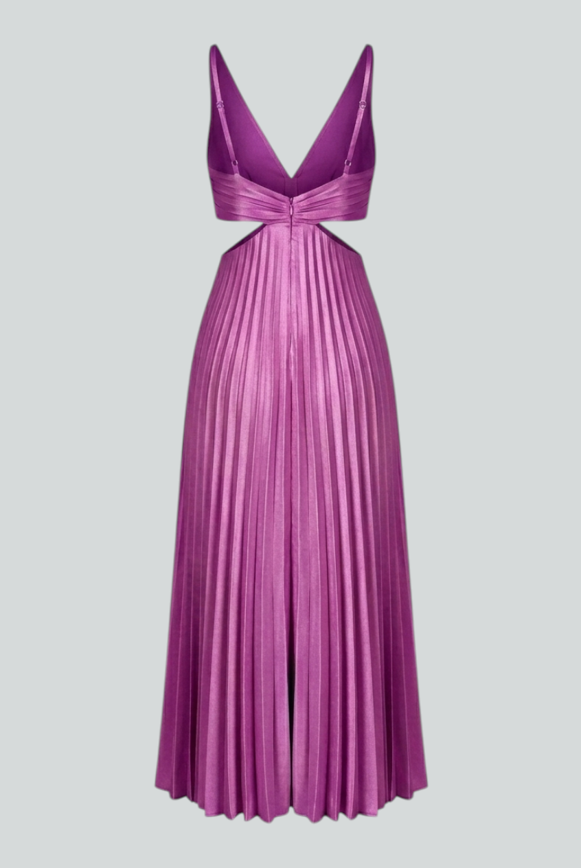 Elegant purple pleated wedding guest dress by Lumina Wear, featuring a fluid drape and sophisticated design.