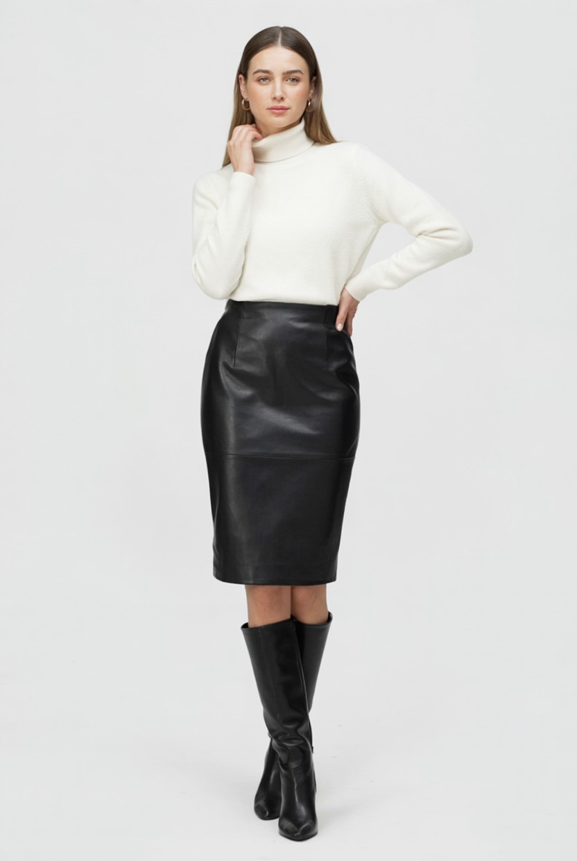 Isabella white slim fit turtleneck sweater by Lumina Wear, showcasing a cozy, elegant design with a high neckline and fitted style.